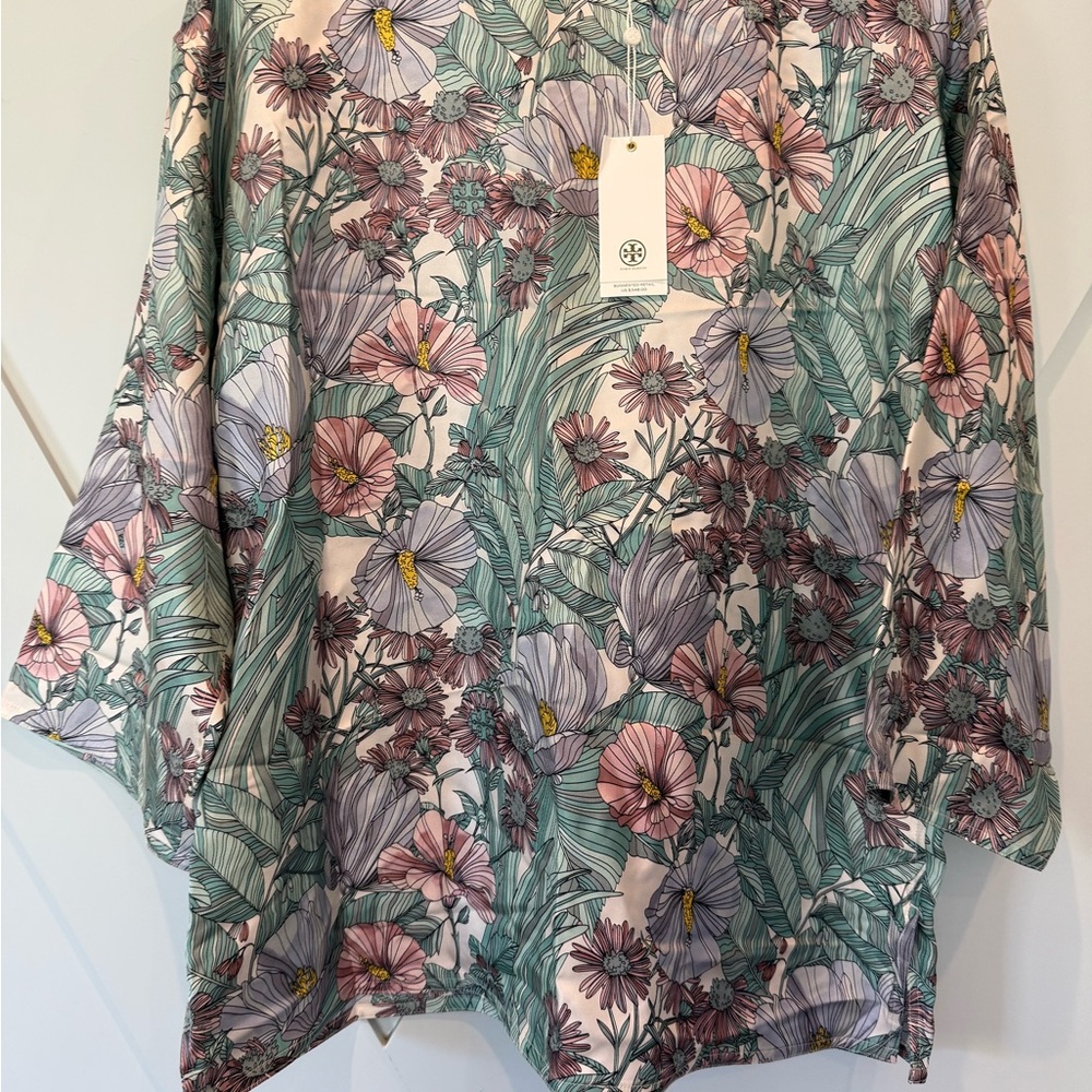 Tory Burch Green and Pink 3/4 Sleeve Boxy Blouse